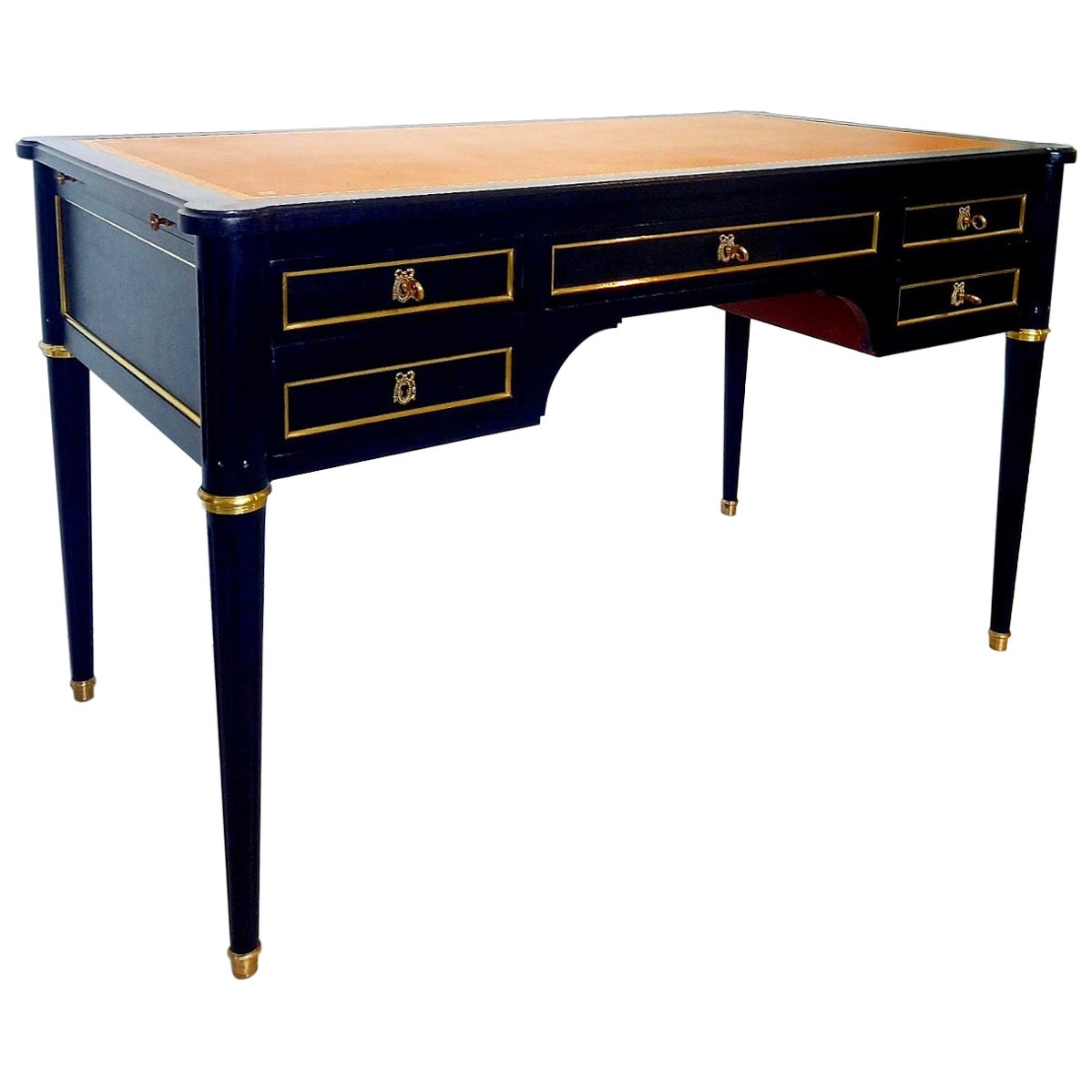 Antique French Louis XVI Writing Desk Cognac Leather, Bonze & Brass For Sale