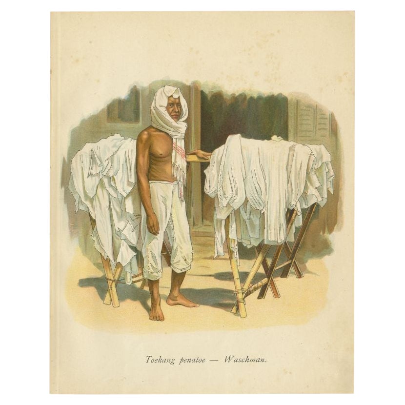 Antique Print of an Indonesian Man doing the Laundry, 1909