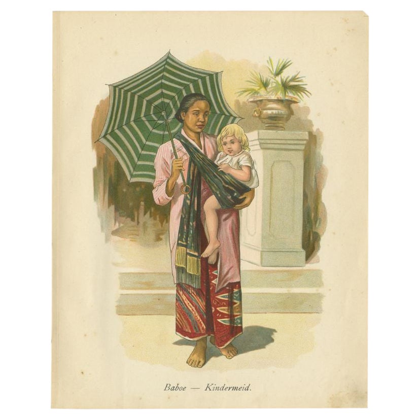 Estampa antigua de una niñera indonesia con un niño en pareo, 1909
