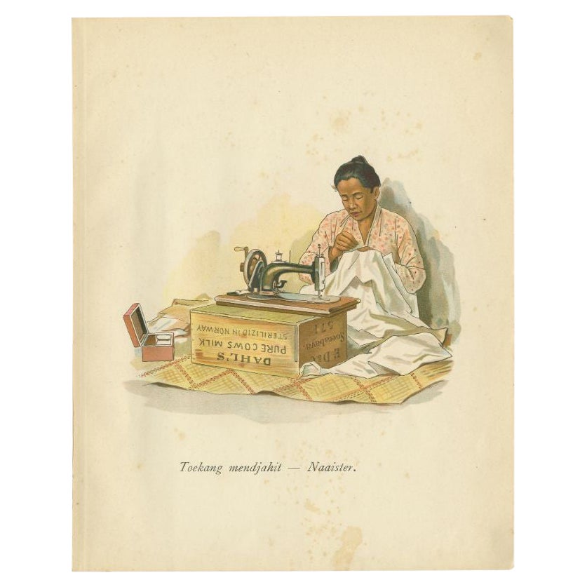 Antique Print of an Indonesian Seamstress, 1909