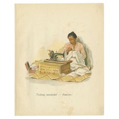 Grabado antiguo de una costurera indonesia, 1909