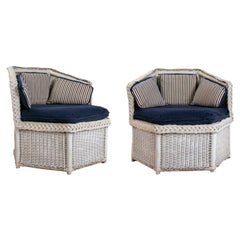 Vintage 1970s Pair of Handmade Wicker Armchairs Painted in White with Upholstery