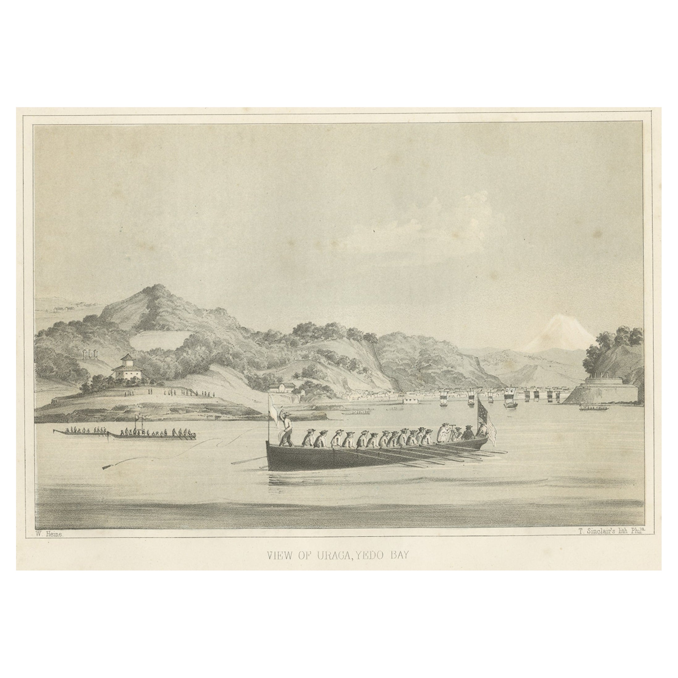 Antiker antiker Druck der Amerikaner in einem Boot in Uraga, Yedo Bay, Japan, 1856