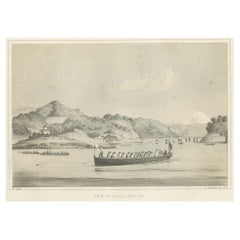 Impression ancienne des Américains dans un bateau à Uraga, baie d'Idado au Japon, 1856