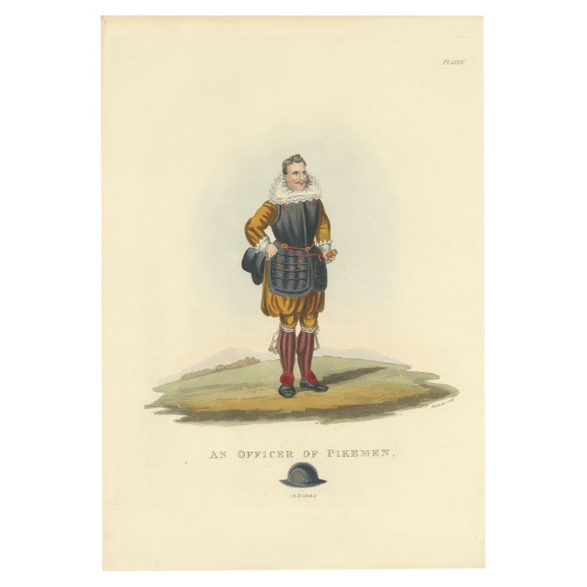 Antique Print of an Officer of Pikemen, 1842 For Sale