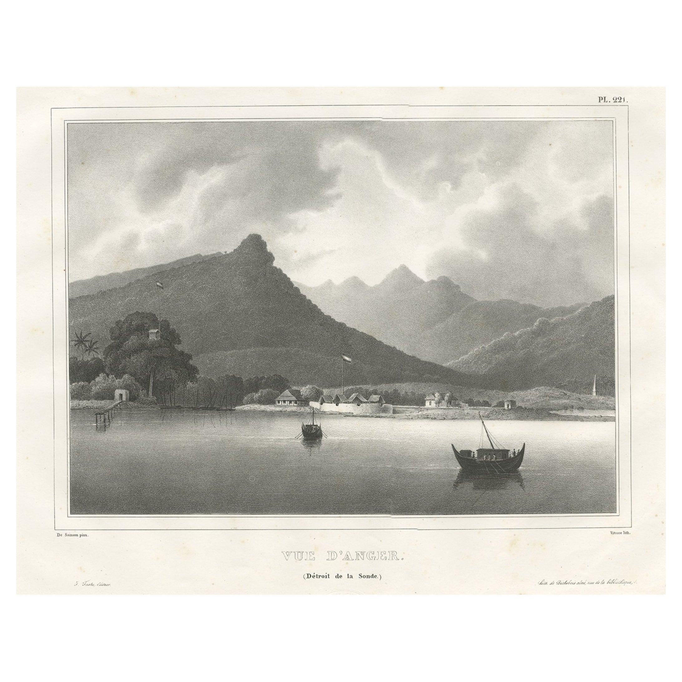 Old Print der Stadt Anyer, West-Java, nahe des Krakatau-Volcanos, Indonesien, 1833