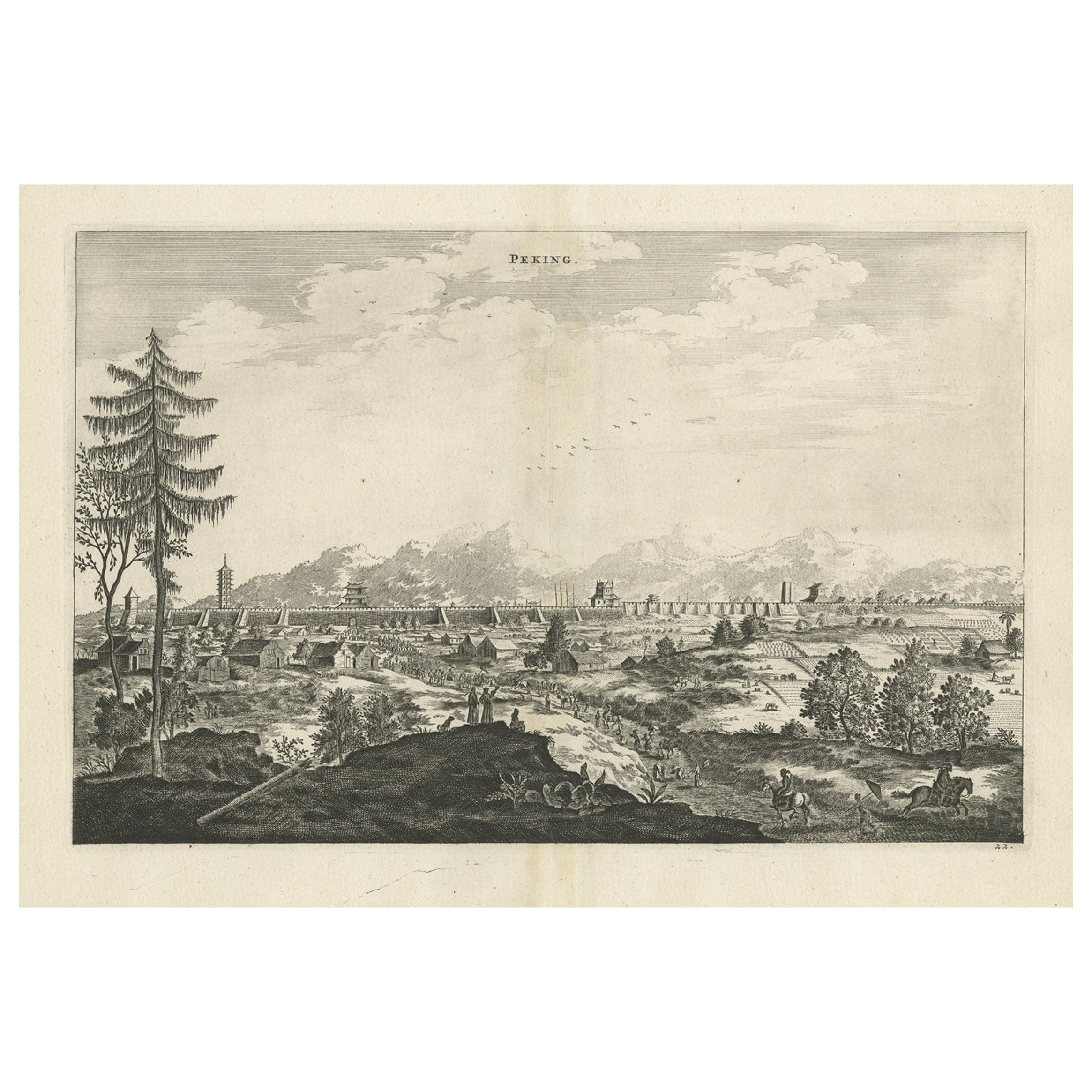 Stampa antica originale incisa in rame della città di Pechino in Cina, 1668