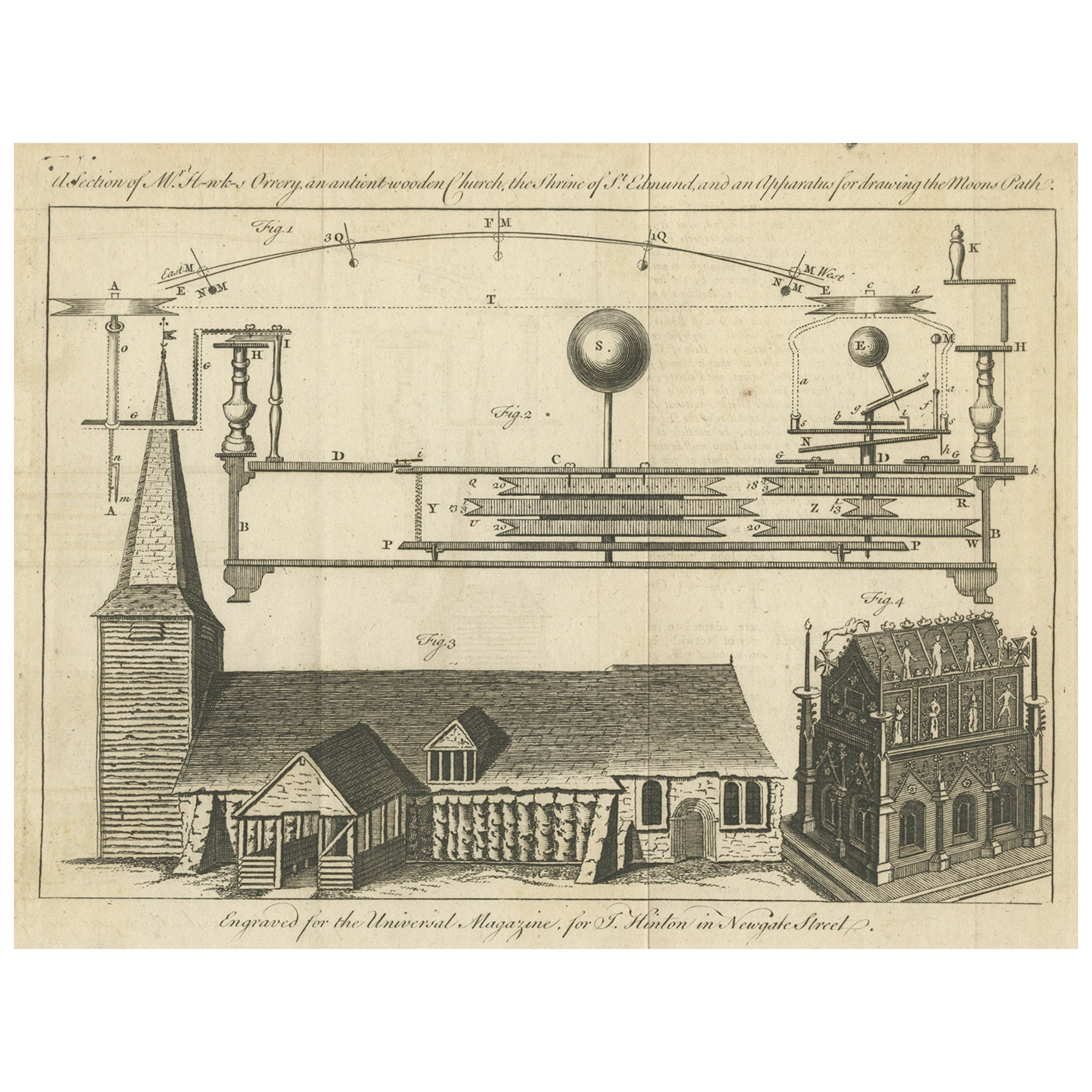 Antique Print of an Orrery and Ancient Church, 1754