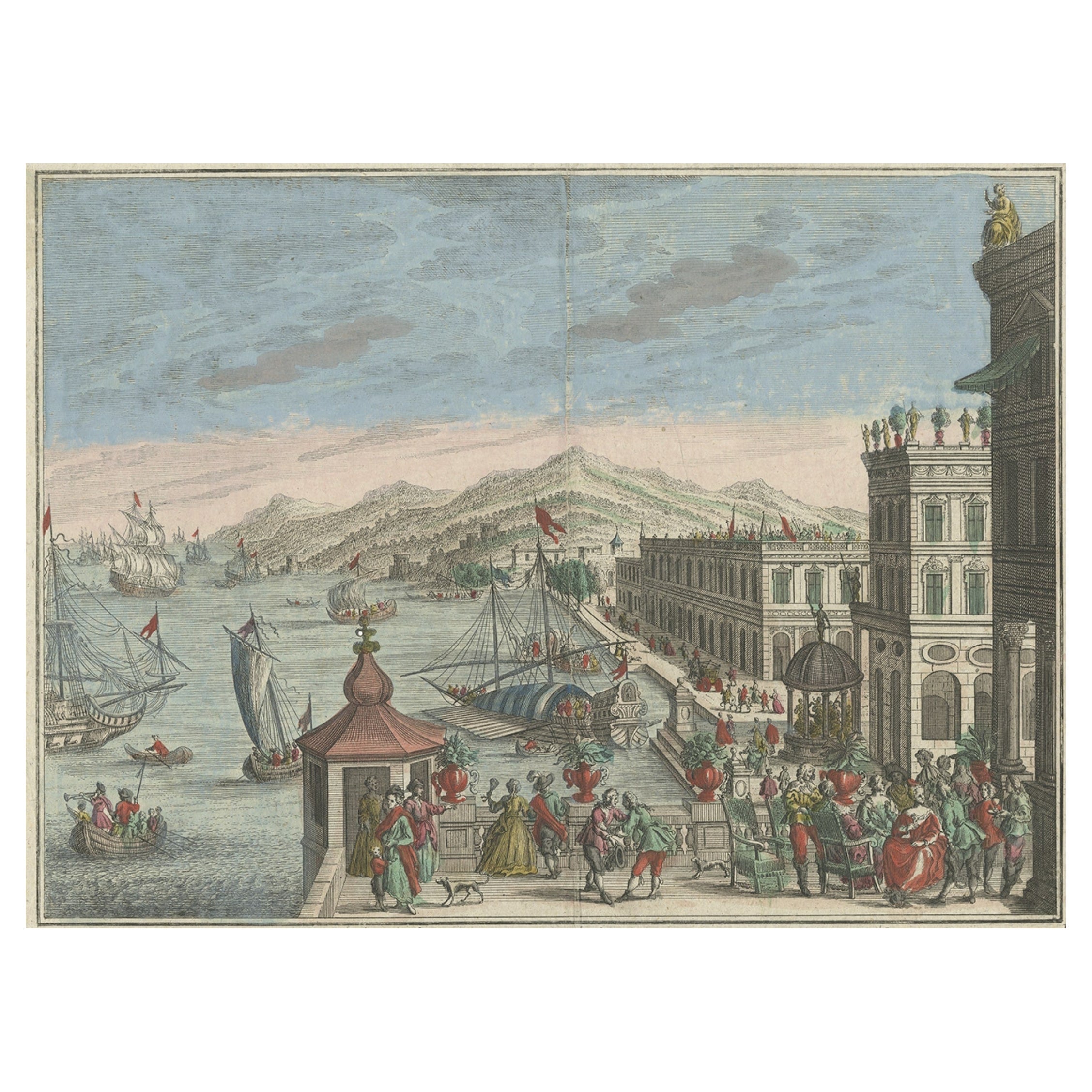 Dekorativer handkolorierter antiker Druck eines Blumenstraußes im Freien neben einem Hafen, um 1750 im Angebot
