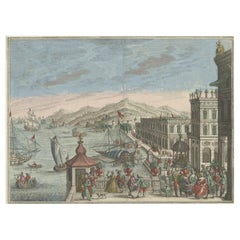 Decorative Handcolored Antique Print of an Outdoor Banquet Near a Port, c.1750