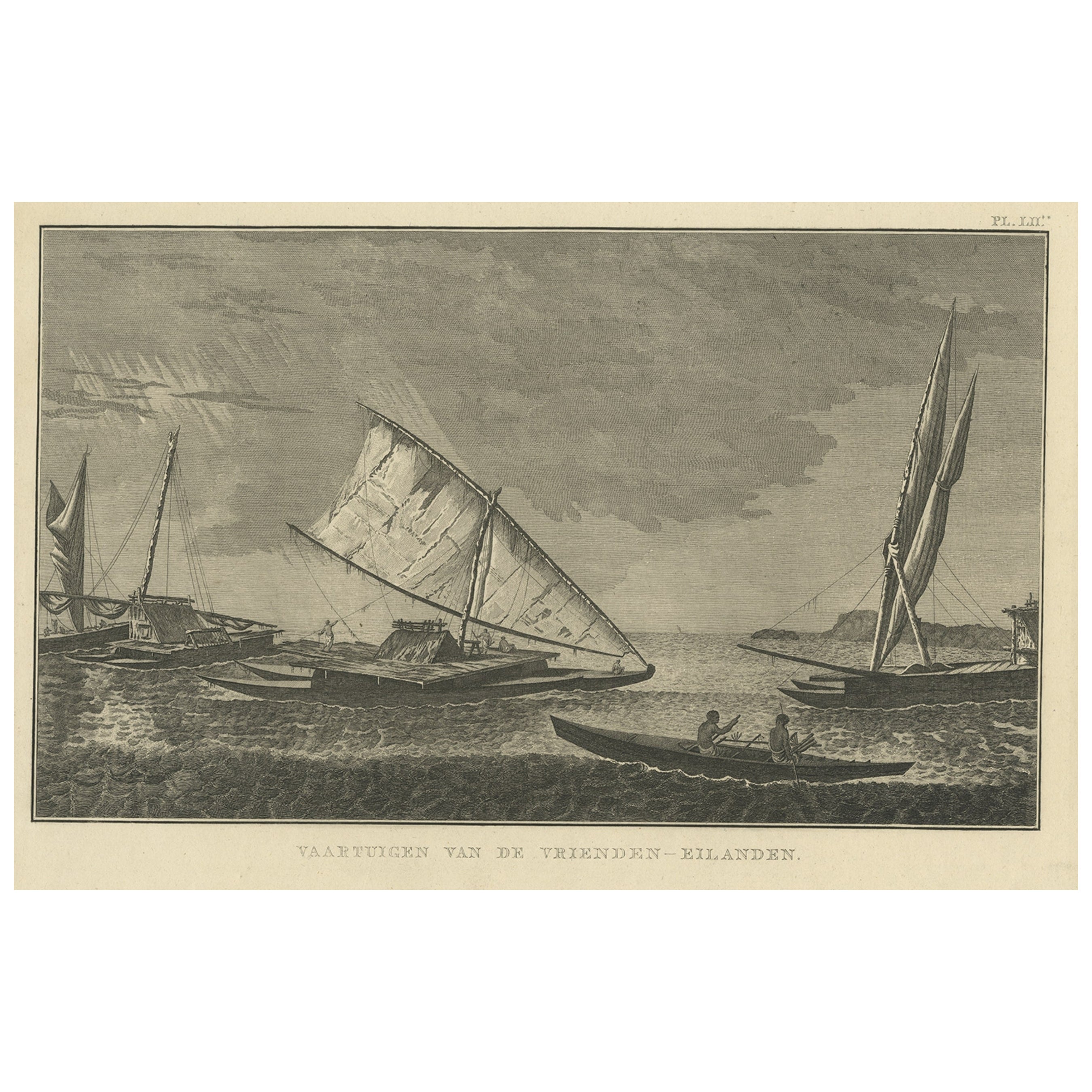 Antique Print of Boats of the Friendly Islands or Tonga, by Cook, c.1801 For Sale