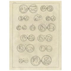 Gravure ancienne de pièces de monnaie anciennes, 1773
