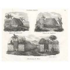 Gravure ancienne d'origine de diverses maisons de Tonga Tabu, vers 1836