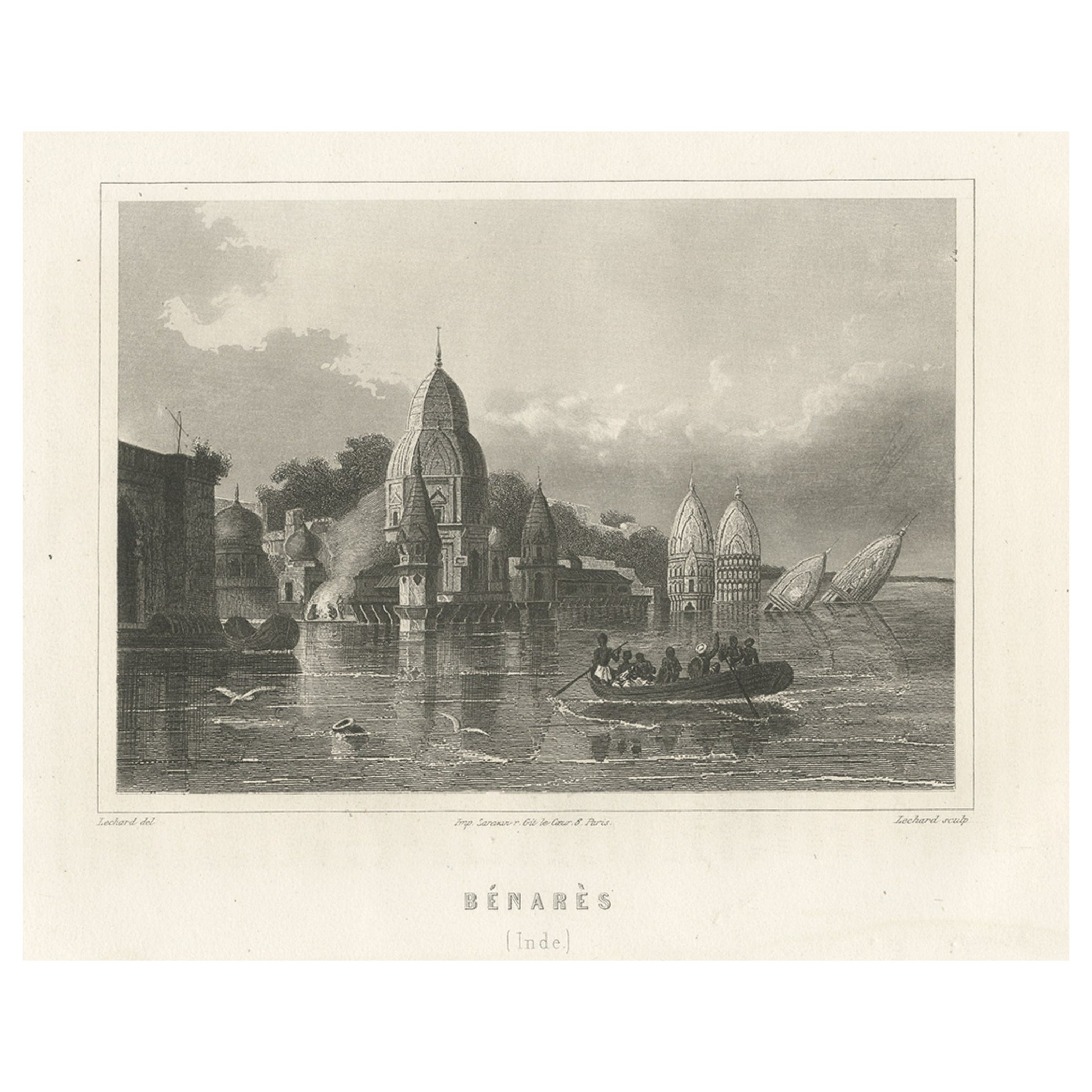 Antique Print of Varanasi in India, c.1850