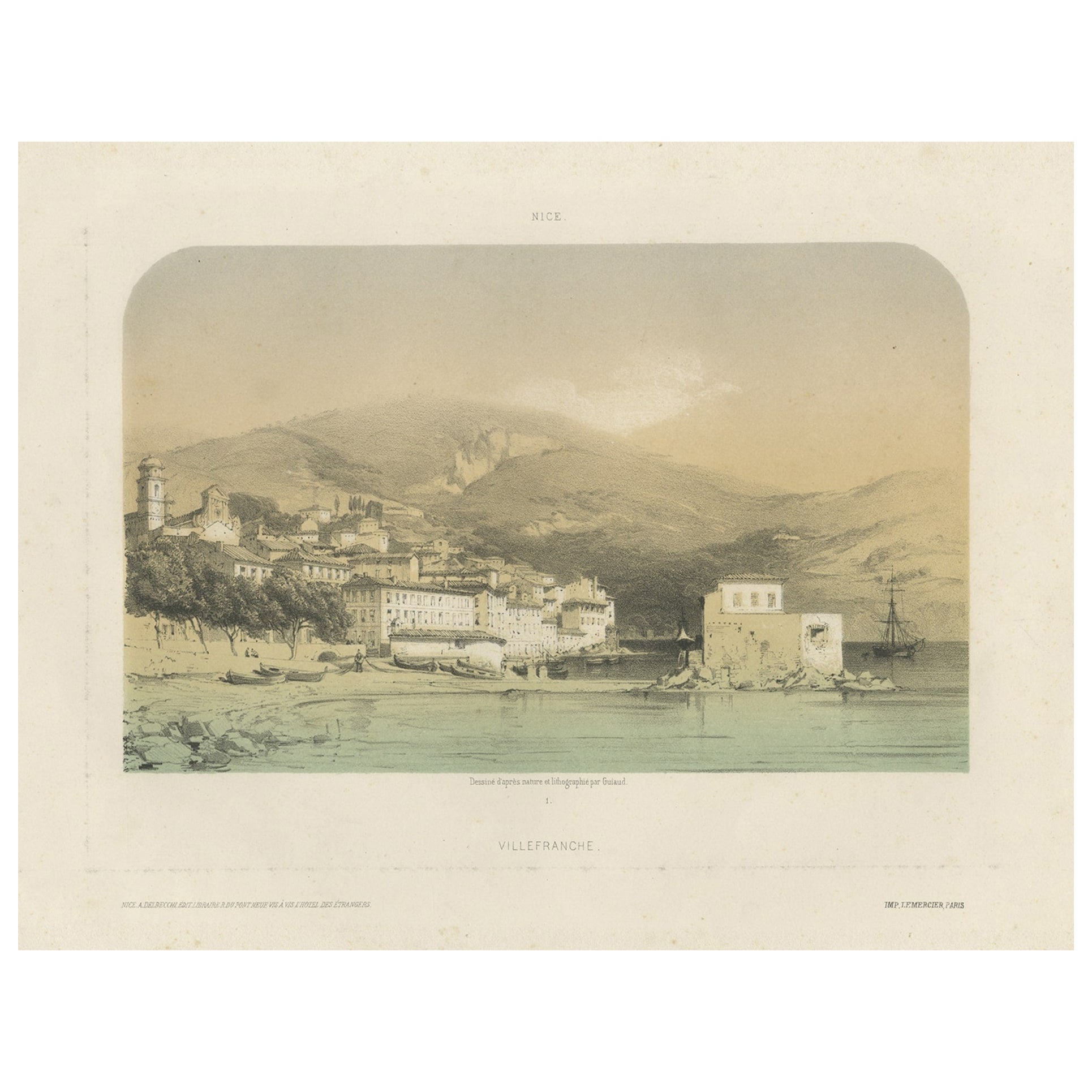 Rare vue ancienne d'origine en couleurs anciennes de Villefranche en France, vers 1860