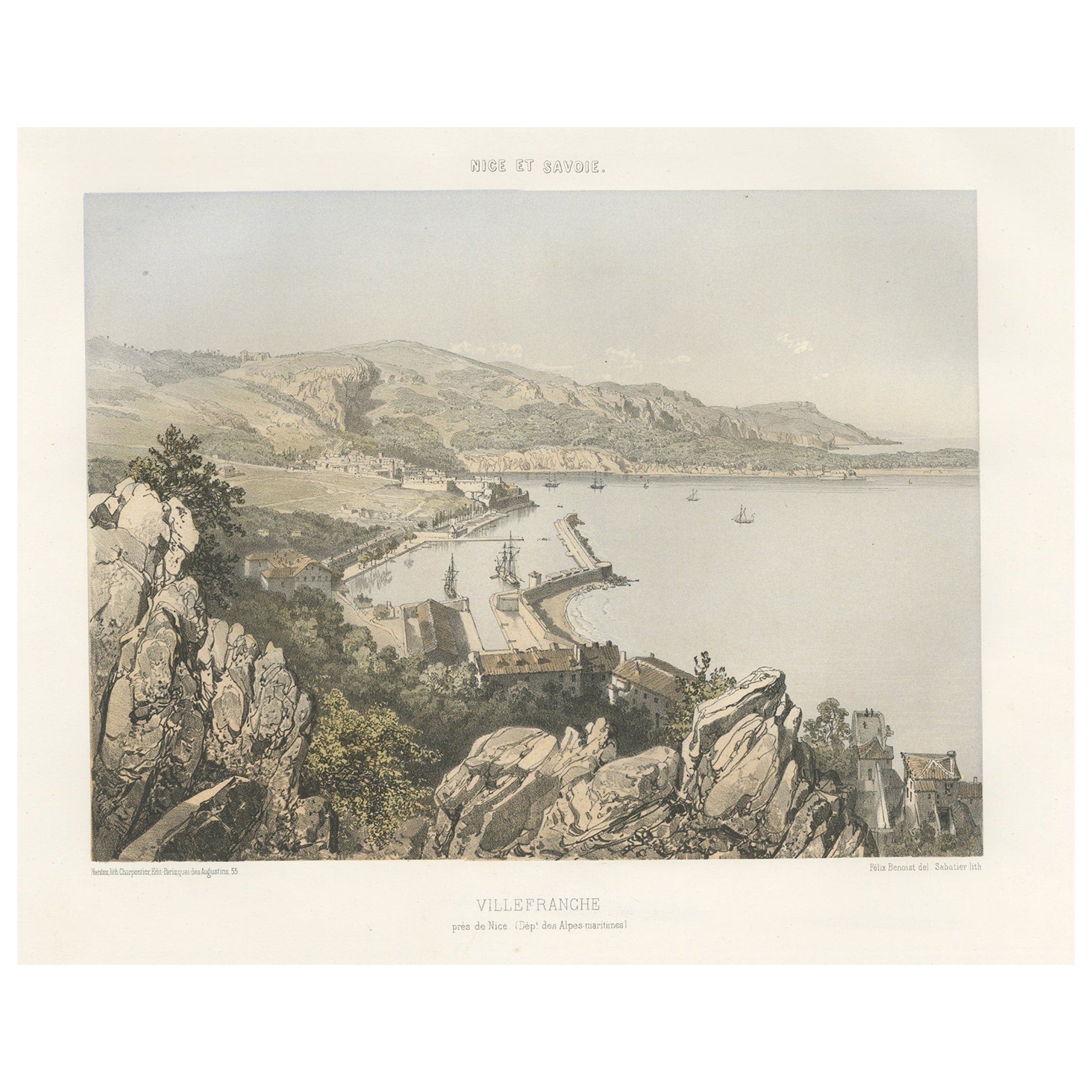 Antiker Druck von Villefranche in der Region Nizza und Savoyen in Frankreich, ca. 1865