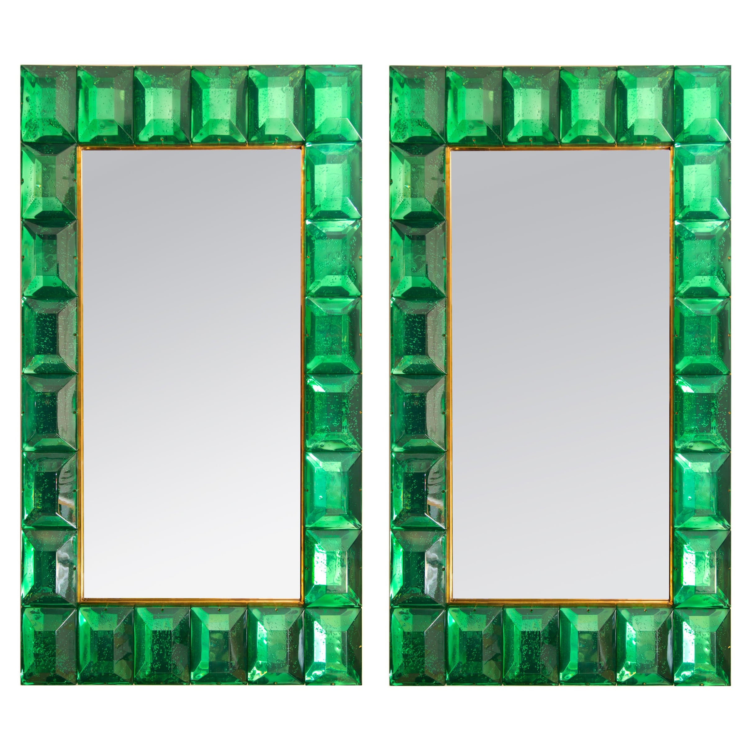 Pair of Large Emerald Green Diamond Murano Glass Mirror, in Stock