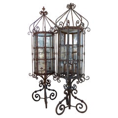 1970s Pair of Giant Iron Floor Lanterns with Octagonal Shape and Decorations