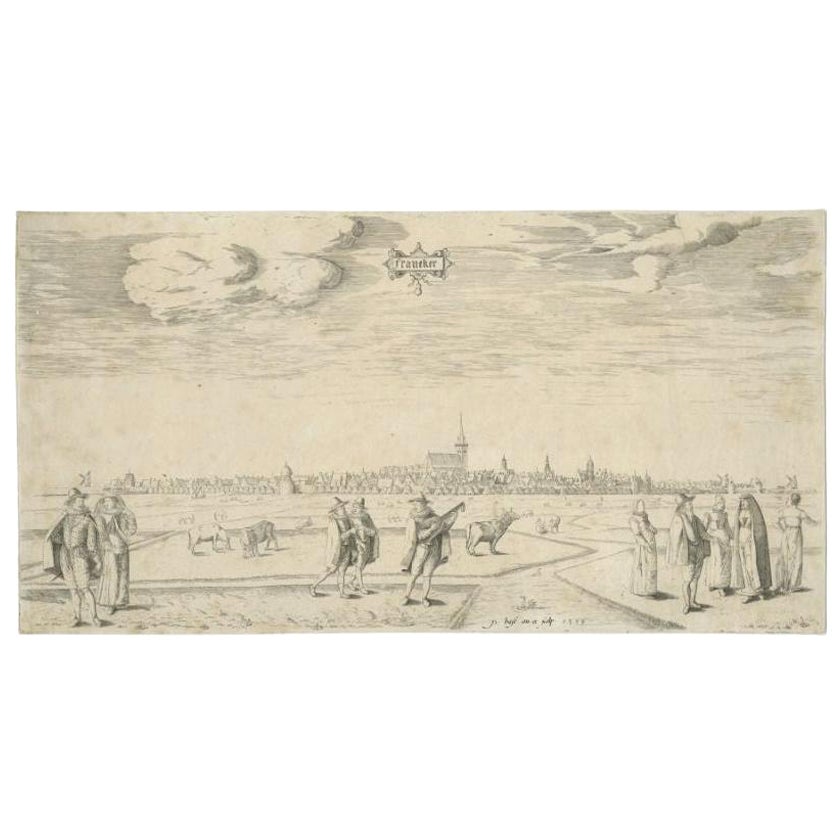 Original Antique Engraving of the City of Franeker in The Netherlands, 'c.1598' For Sale