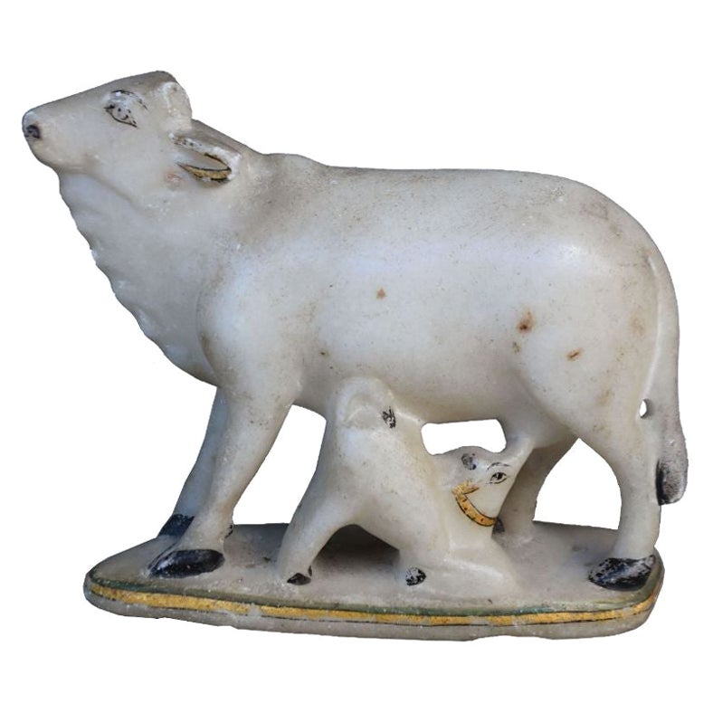 Sculpture of Suckler Cow with Calf in Marble, Late 19th Century For Sale