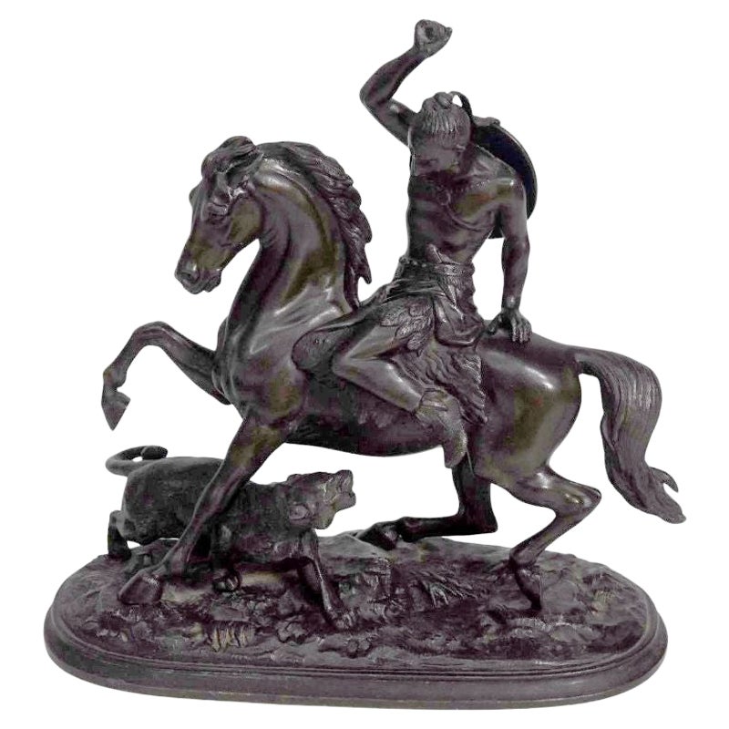 Indian Spelter Sculpture and his Horse 1930s For Sale