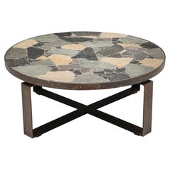 Round Mosaic Stone Coffee Table, Iron Base, Mid-Century Modern, Italy, 1950s
