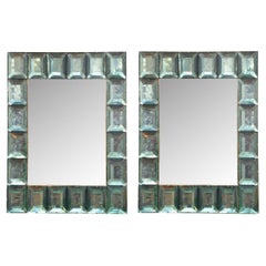Pareja de Bloques de Cristal de Murano Verde Mar Aqua Diamante Espejo, En Stock