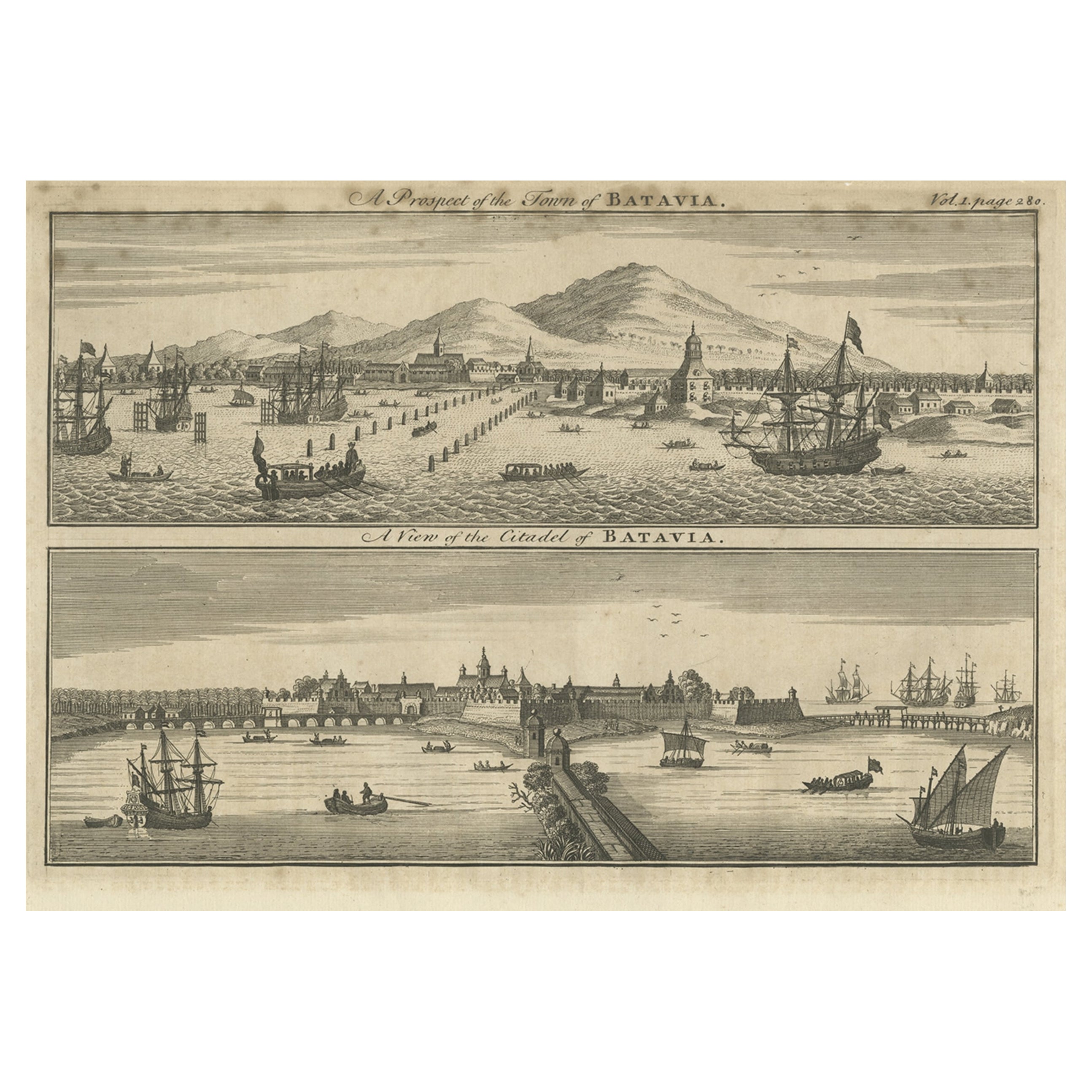 Antiker antiker Druck von Batavia „Jakarta“, in den niederländischen Ostindien, 1744