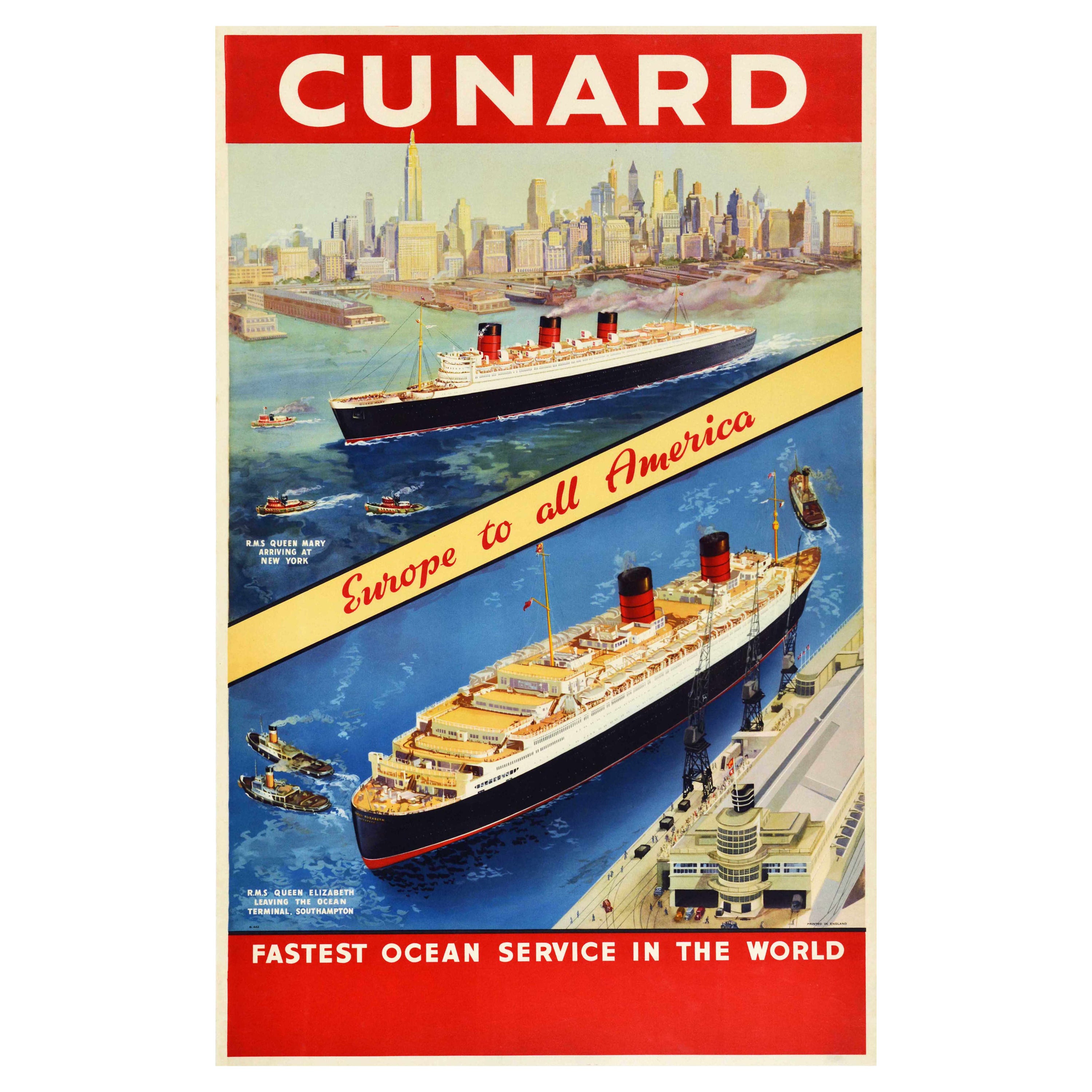 Affiche publicitaire originale de voyage Cunard Europe Amérique New York Cruise