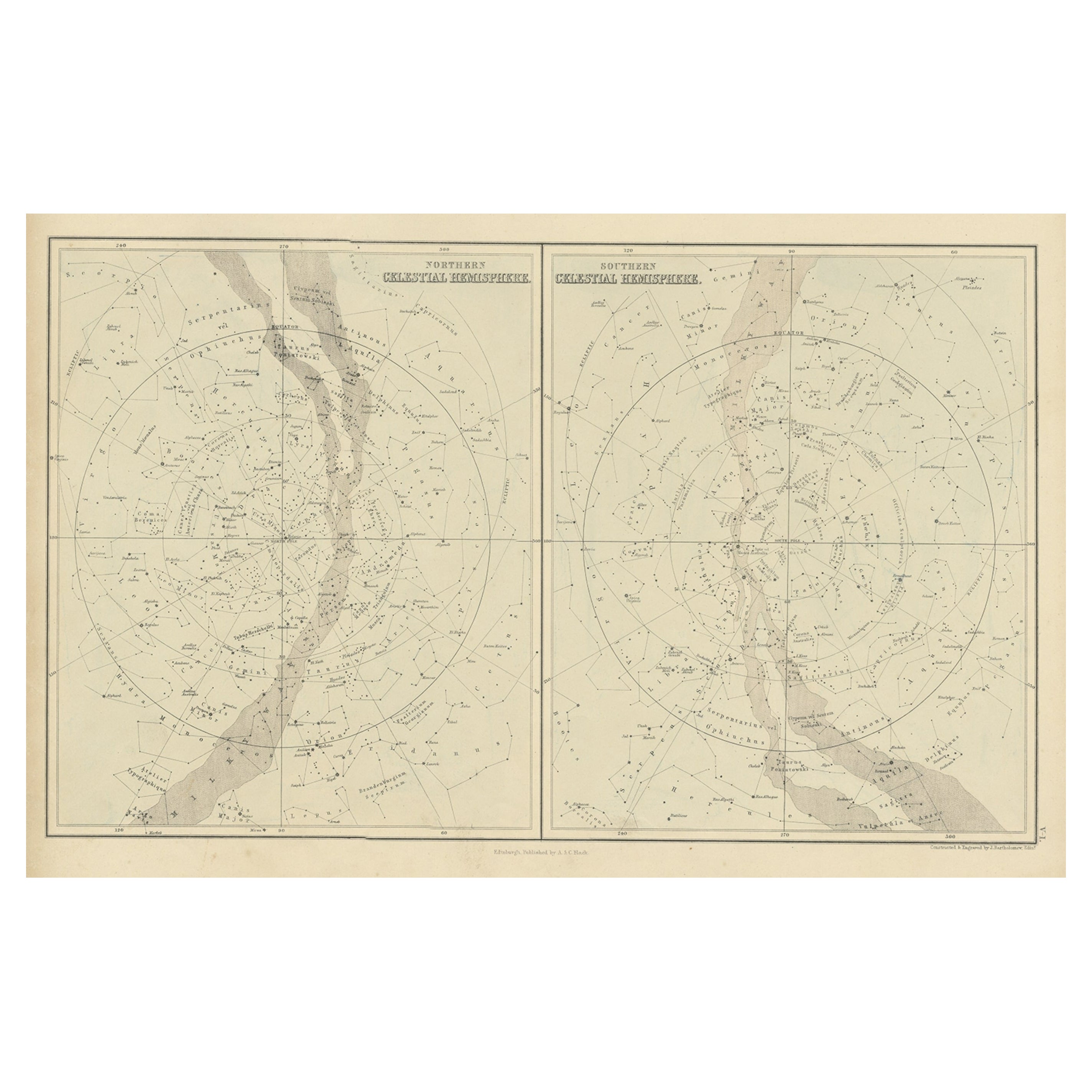 Antiker antiker Druck von himmlischen Hemispheres, 1854