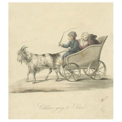 Antique Print of Children Going to School in a Goat Car in Holland, 1817