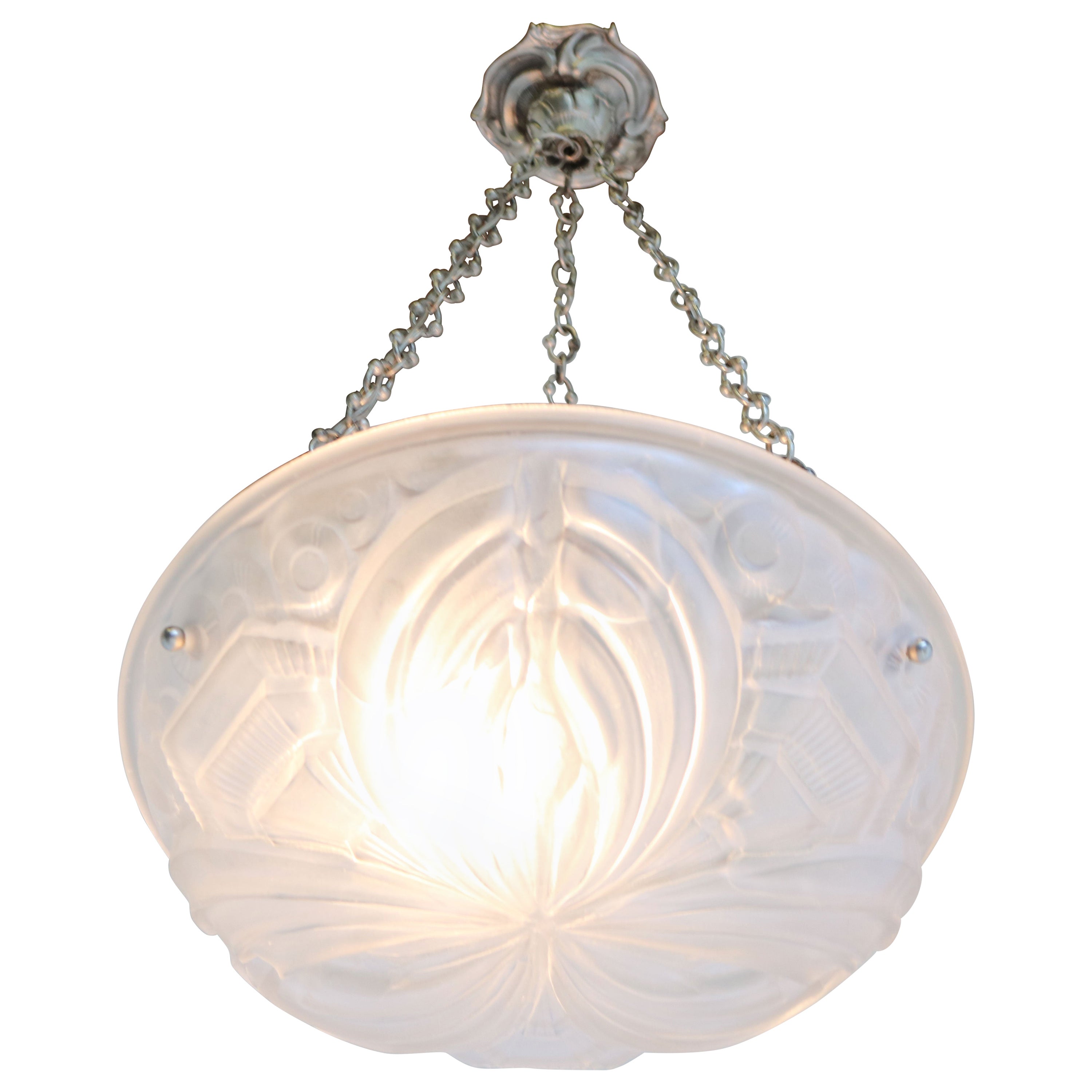 Magnifique lustre Art Déco français ancien blanc géométrique par Henry Mouynet, 1930