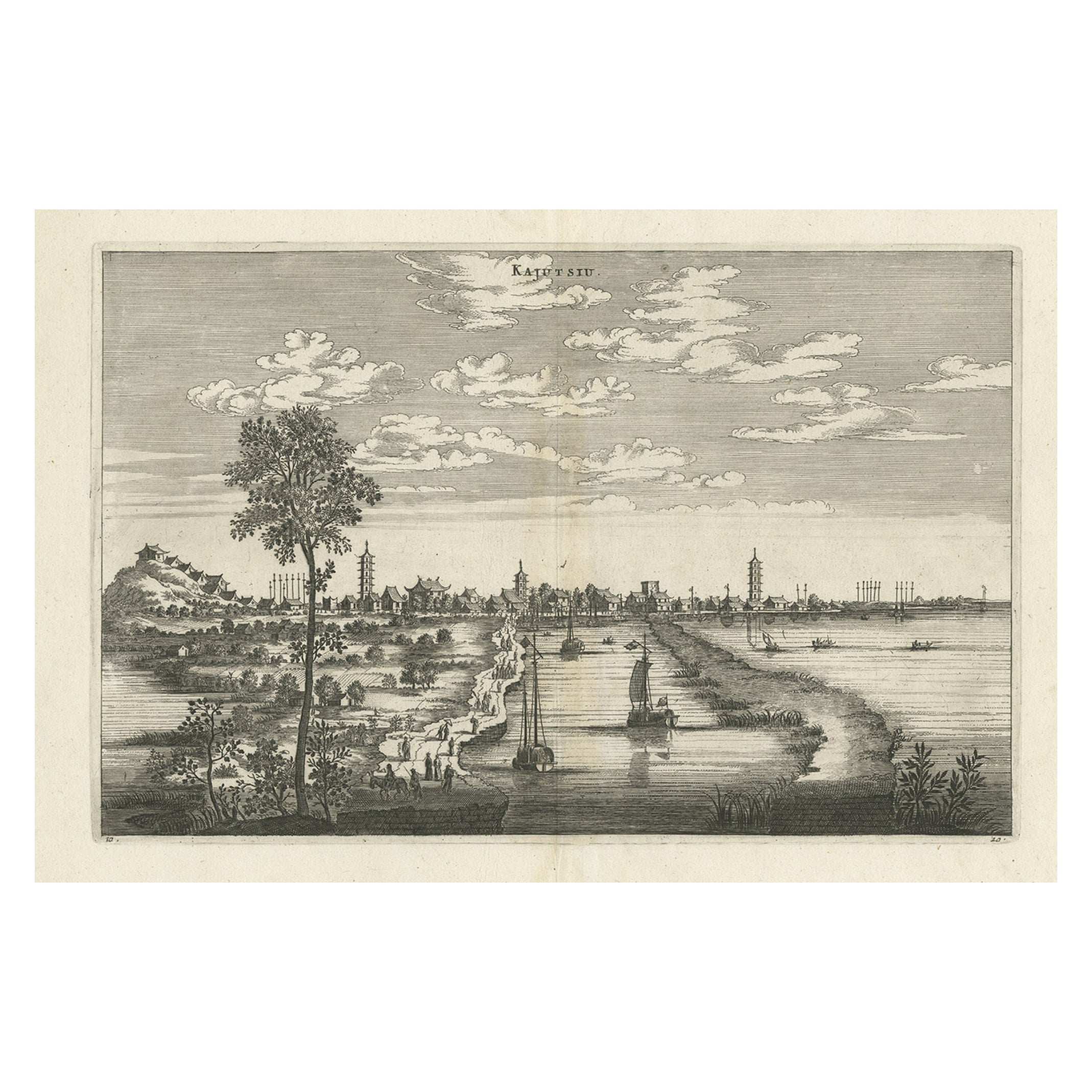 Old Copper Engraving of the City of Kajutsiu in China, 1668