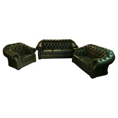 Original Green Chesterfield Set Kent Modell Three and Two Seater and Armchair