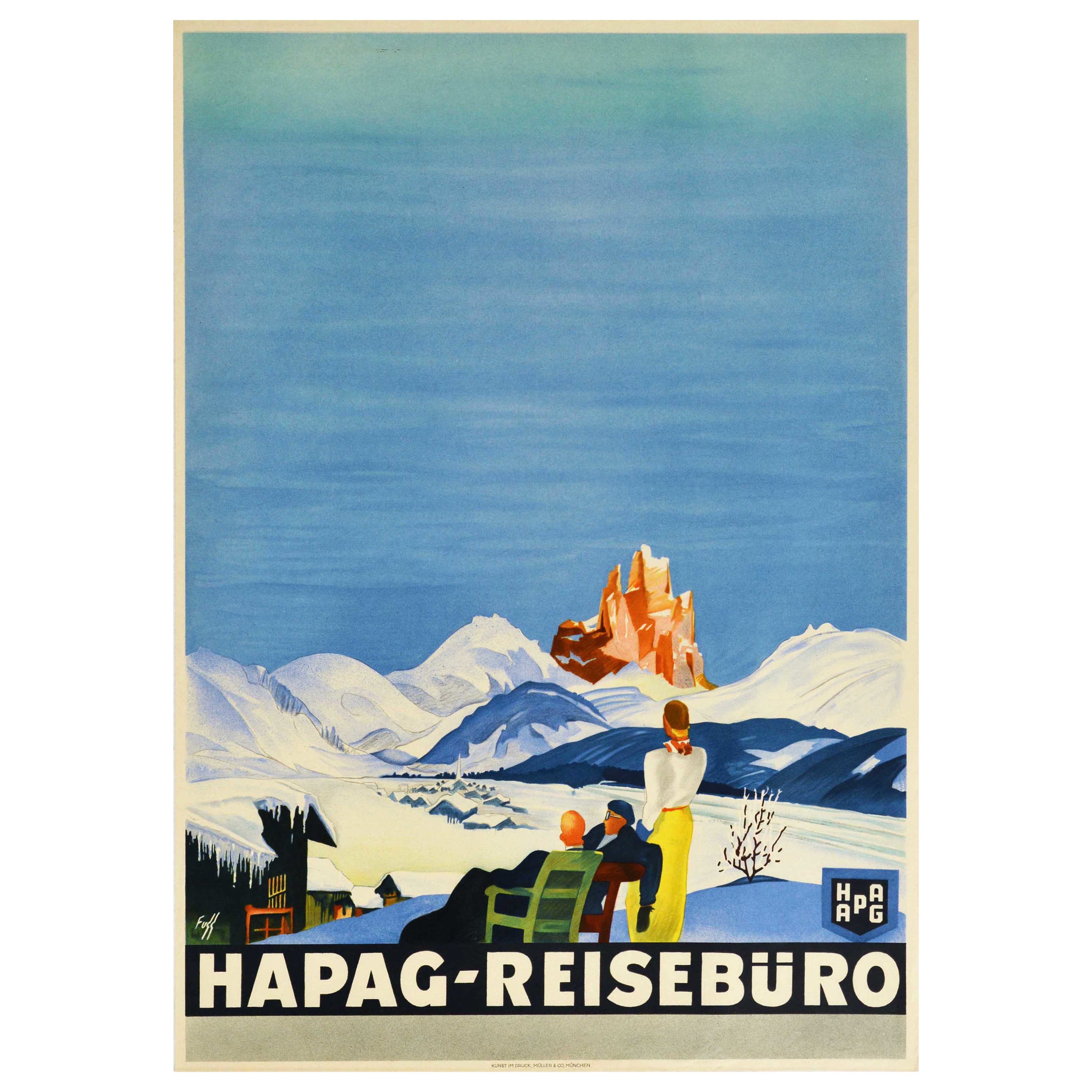 Affiche rétro originale de voyage Hapag Reiseburo, Montagnes d'hiver, Art Déco