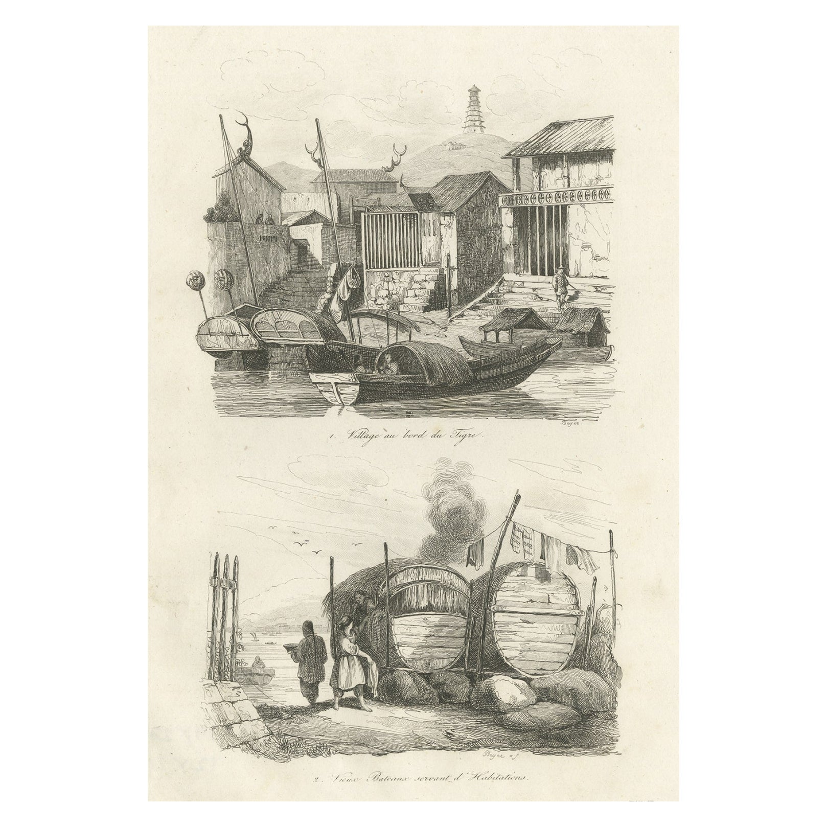 Antique Print of Chinese Boats and a Chinese Village by Dumont d'Urville '1834' For Sale
