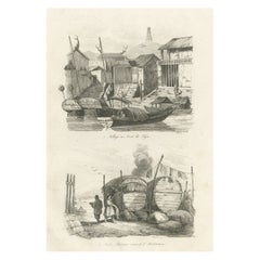 Impression ancienne de bateaux chinois et d'un village chinois par Dumont d'Urville « 1834 »