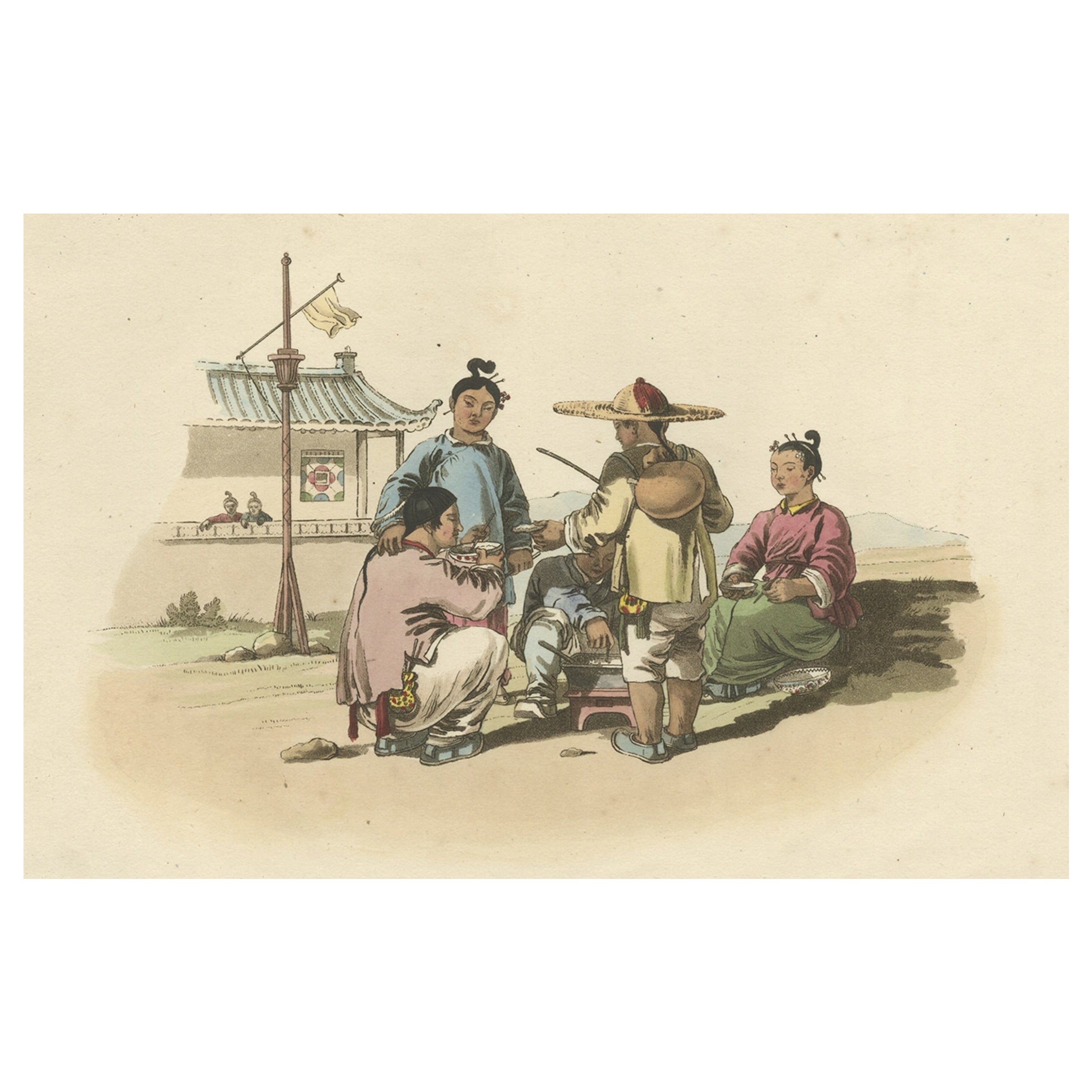 Antique Print of Chinese Children Having Their Meal, c.1820