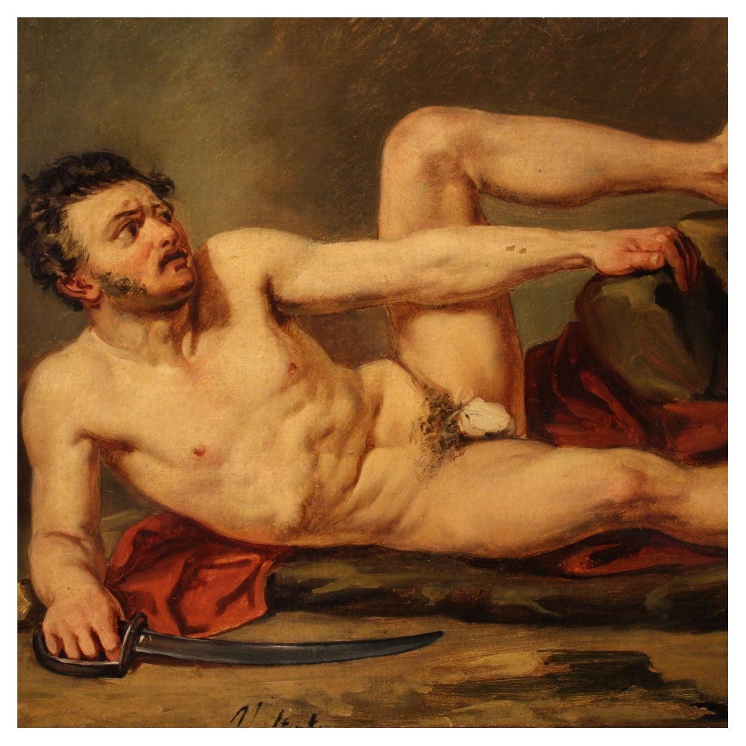 19th Century Oil on Paper French Male Study Nude Signed Painting, 1880