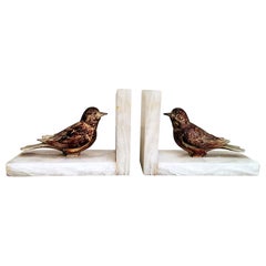Vintage Art Deco French Alabaster Bookends Pair with Colorful Metal Birds