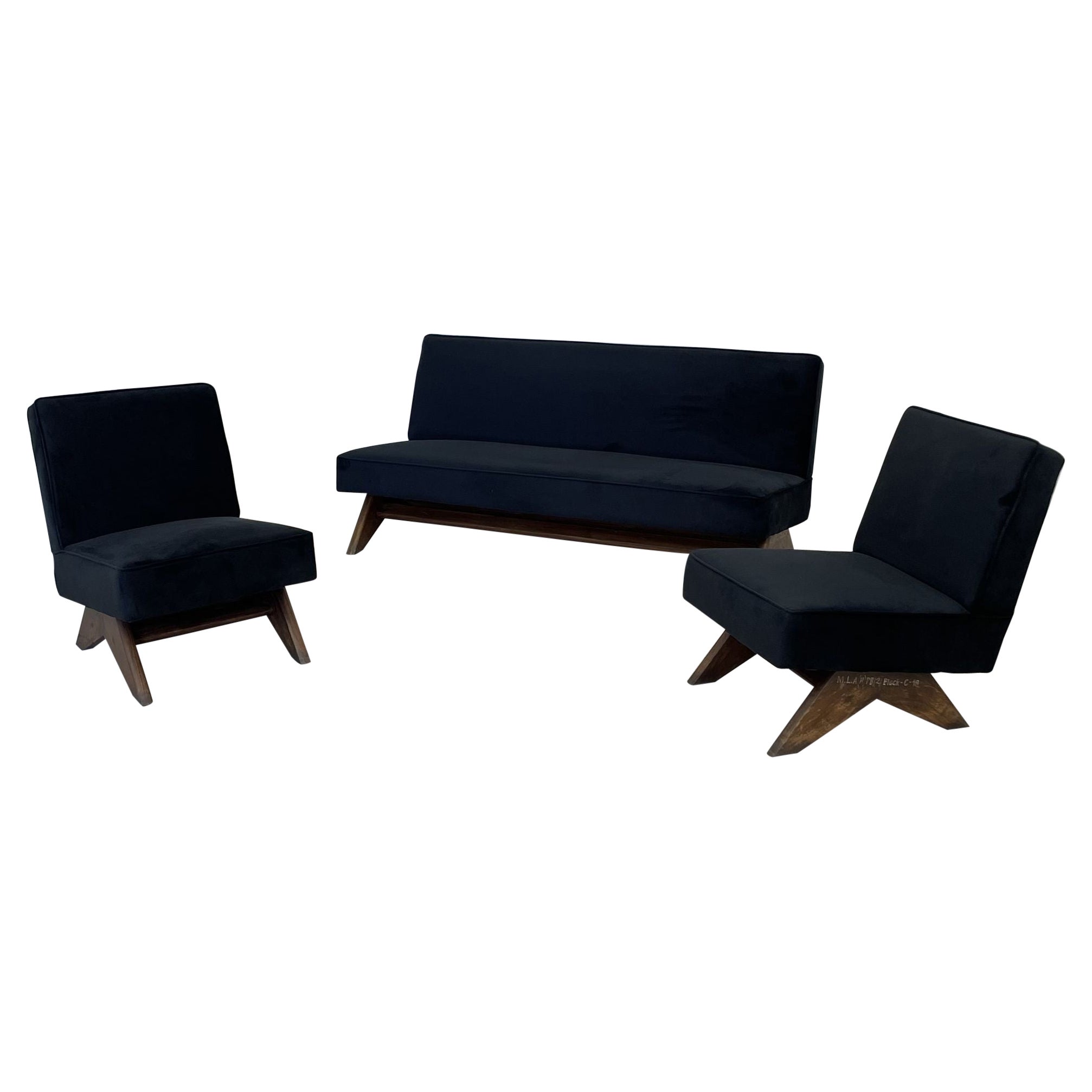 Pierre Jeanneret Upholstered Sofa Set, Black Suede, Mid-Century Modern