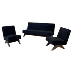 Gepolstertes Sofa-Set von Pierre Jeanneret, schwarzes Wildleder, Mid-Century Modern