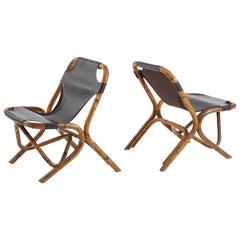 Retro Pair of Bamboo and Dark Brown Leather Sling Chairs by Tito Agnoli, Italy, 1960