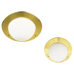 Pair of White Opaline Glass Shades & Brass Frame 1970s Flush Mount Lamps