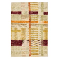 Modern Handmade structured plaid Beige Custom Wool Rug