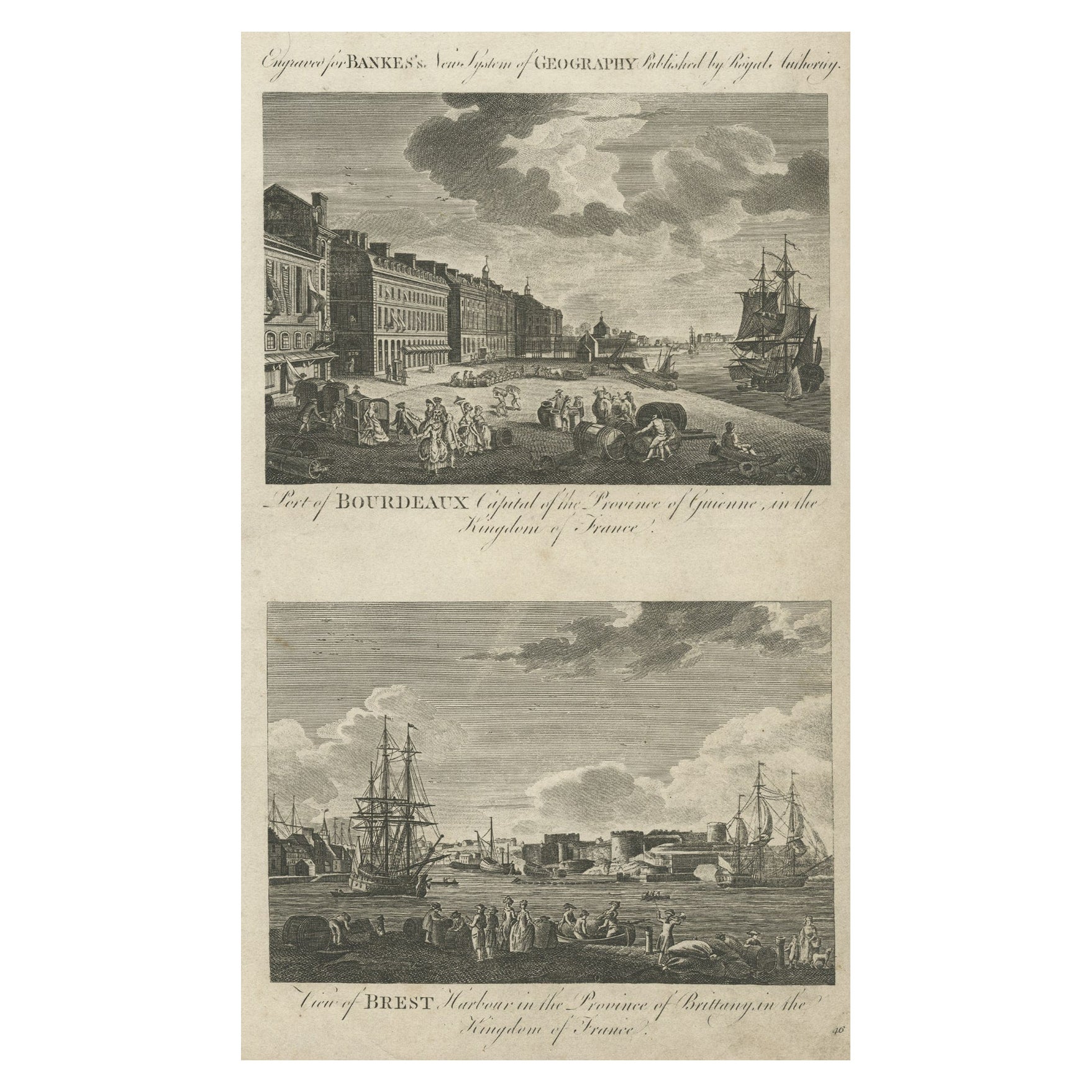 Antique Engraving of Bordeaux and Brest in France, c.1790 For Sale
