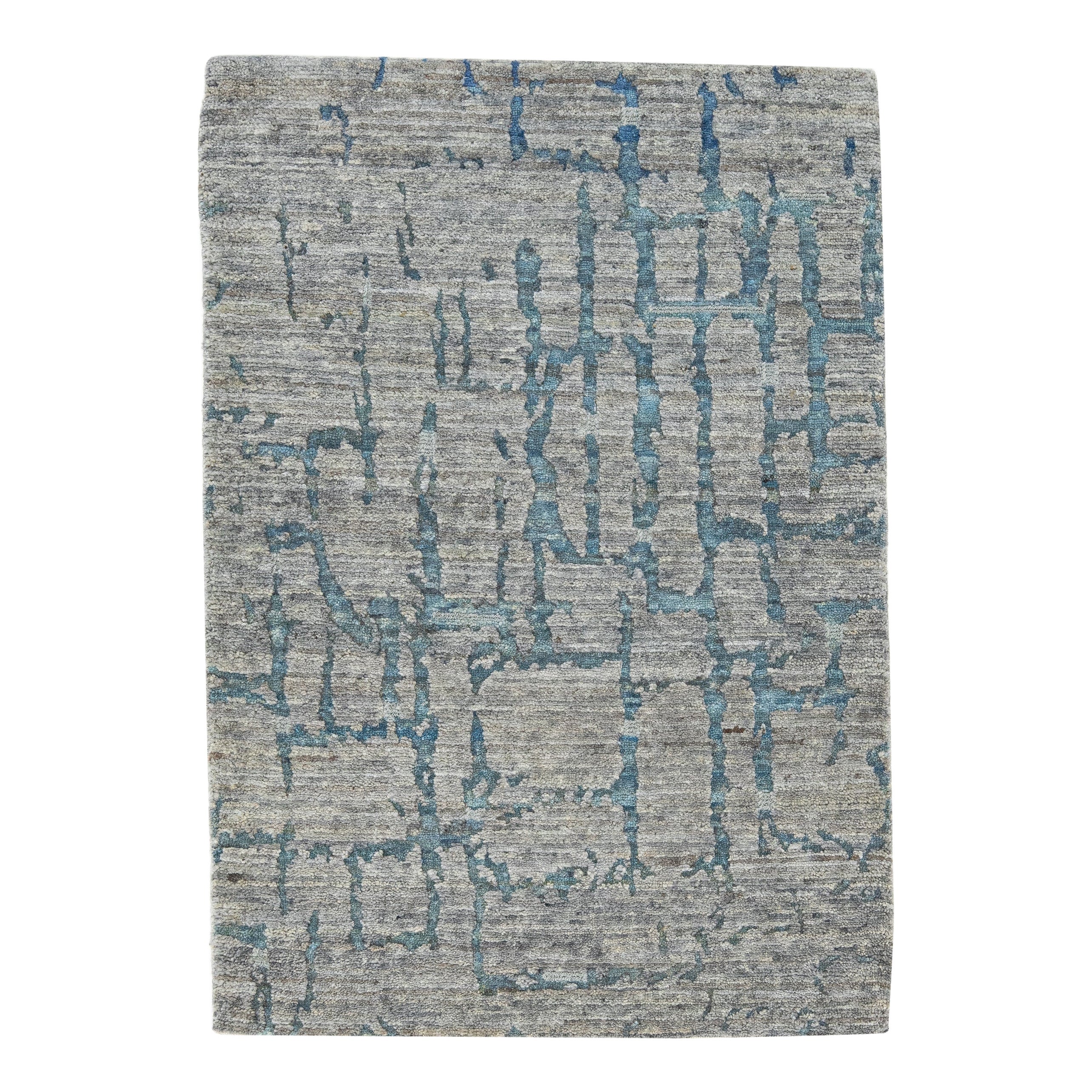 Alfombra contemporánea de lana gris abstracta hecha a mano