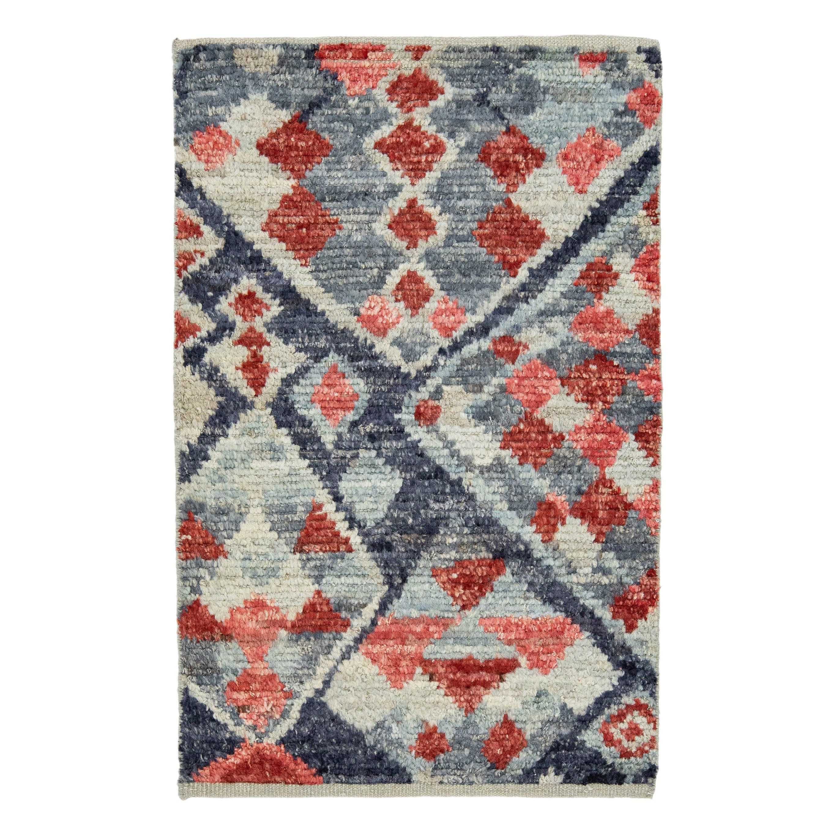 Alfombra de lana geométrica hecha a mano de estilo marroquí moderno en gris y rojo