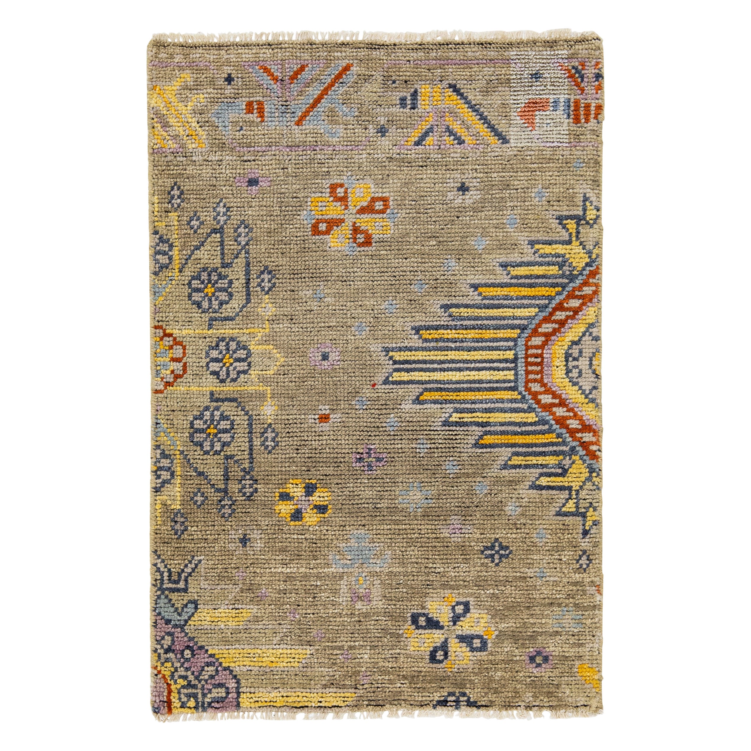Transitional Khotan Style Handmade Custom Tan Wool Rug
