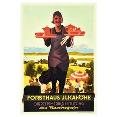 Affiche vintage d'origine Forsthaus Ilkahohe restaurant Art déco Tutzing en Bavière